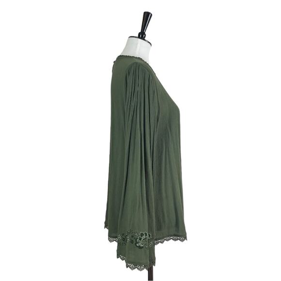 Time and Tru Blouse Boho Gauze Lace Pullover Olive Green Women’s Size Medium - Picture 3 of 13